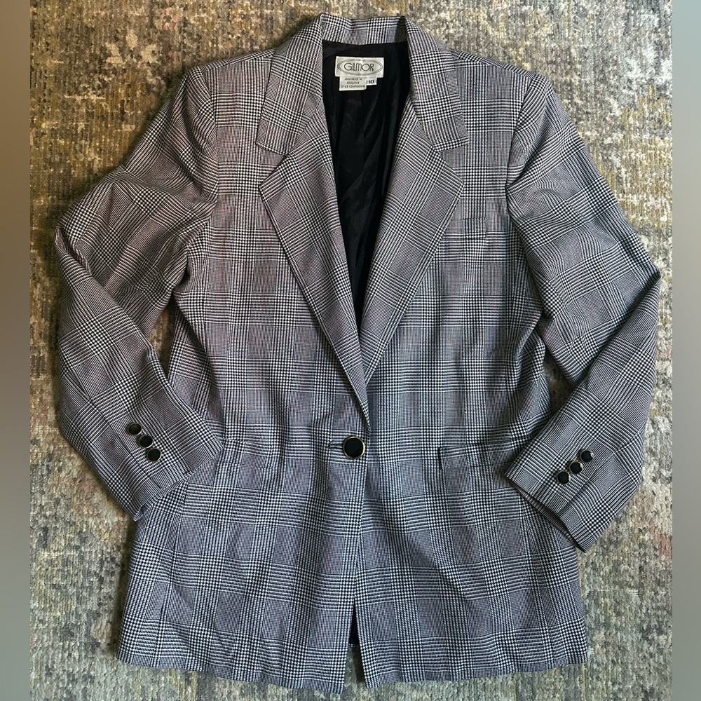 Vintage Plaid Blazer Women’s Gray Black Prince of Wales Check Tailored Jacket